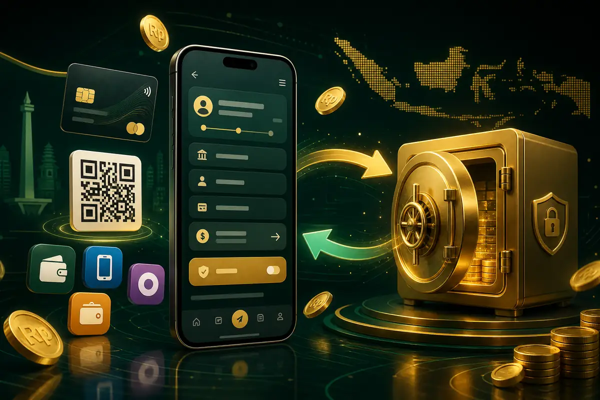 Ilustrasi ponsel dengan antarmuka perbankan digital dan brankas emas