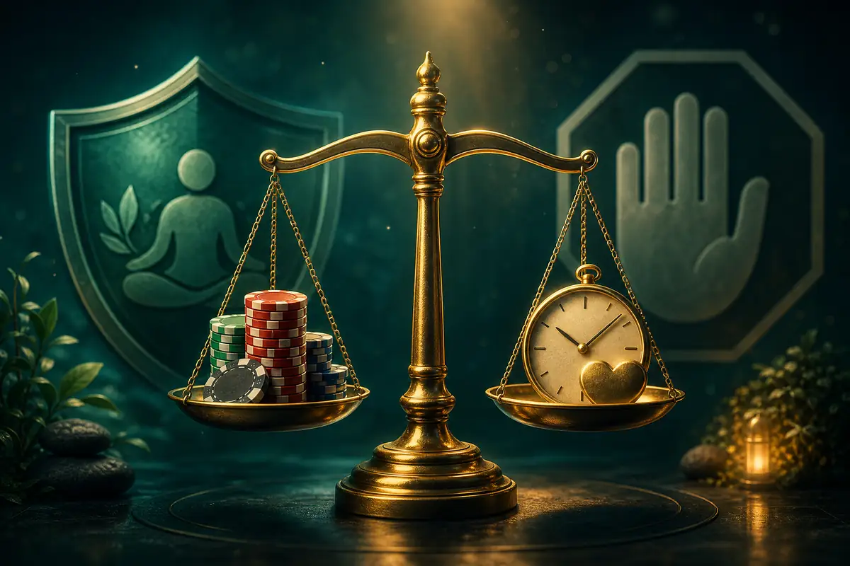 Ilustrasi timbangan emas menimbang chip kasino dan jam berbentuk hati