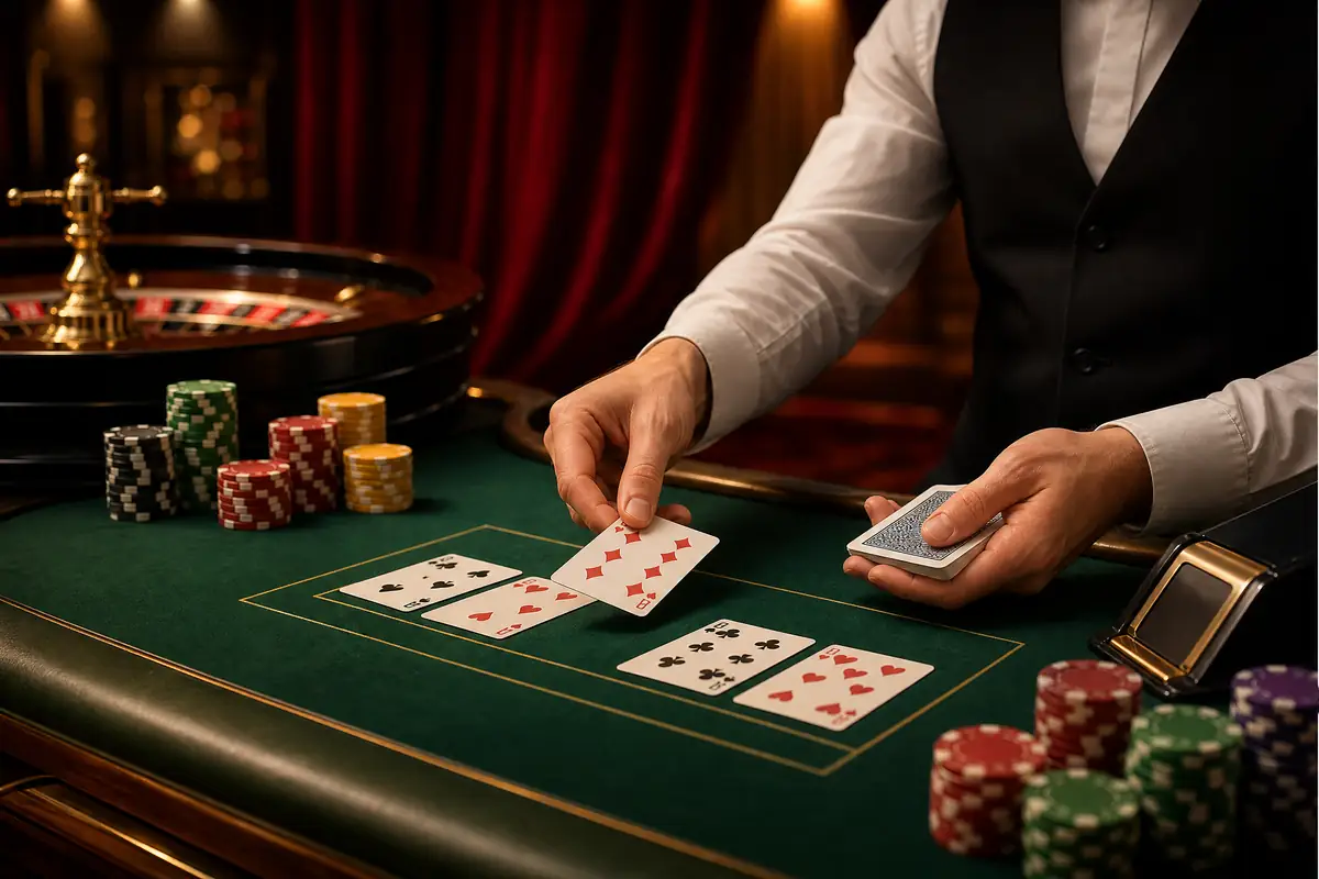 Ilustrasi dealer membagikan kartu di meja baccarat dengan chip kasino