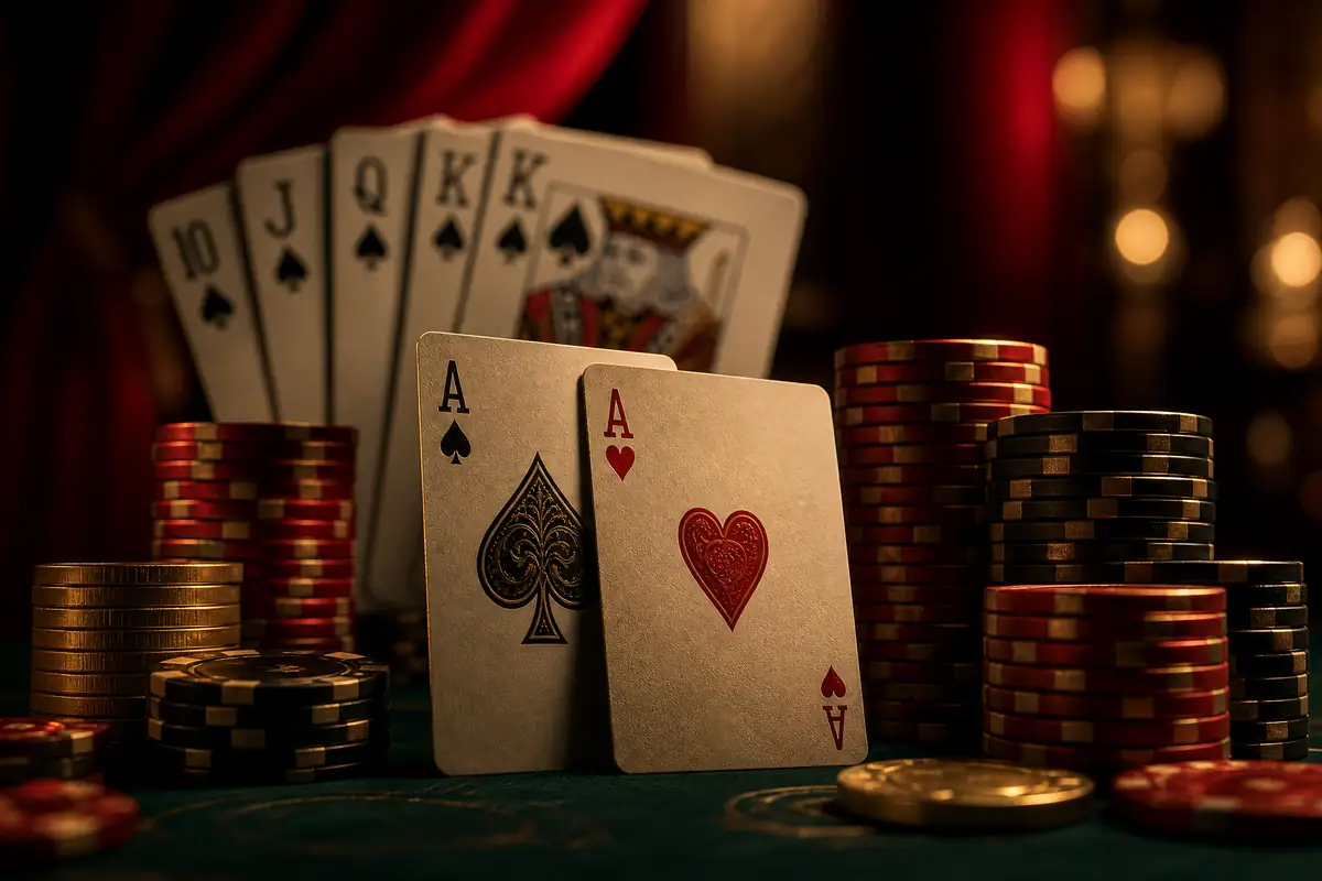 Ilustrasi dua kartu as dan tumpukan chip poker