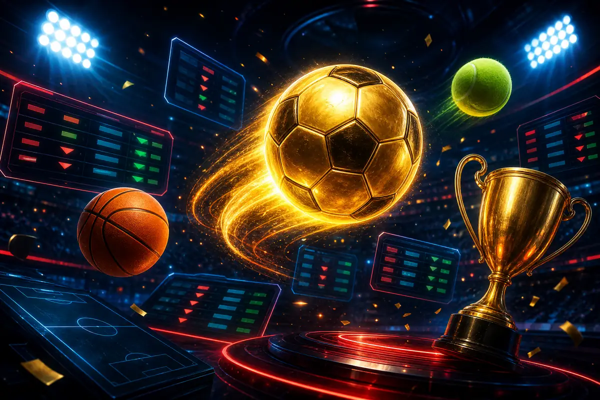Ilustrasi bola sepak emas, trofi, dan papan odds di stadion