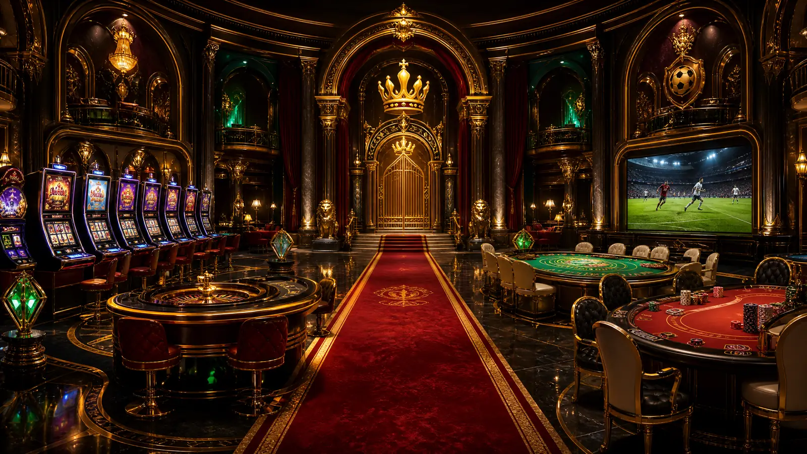 Ilustrasi lobi kasino megah dengan area slot, meja roulette, poker, dan layar olahraga
