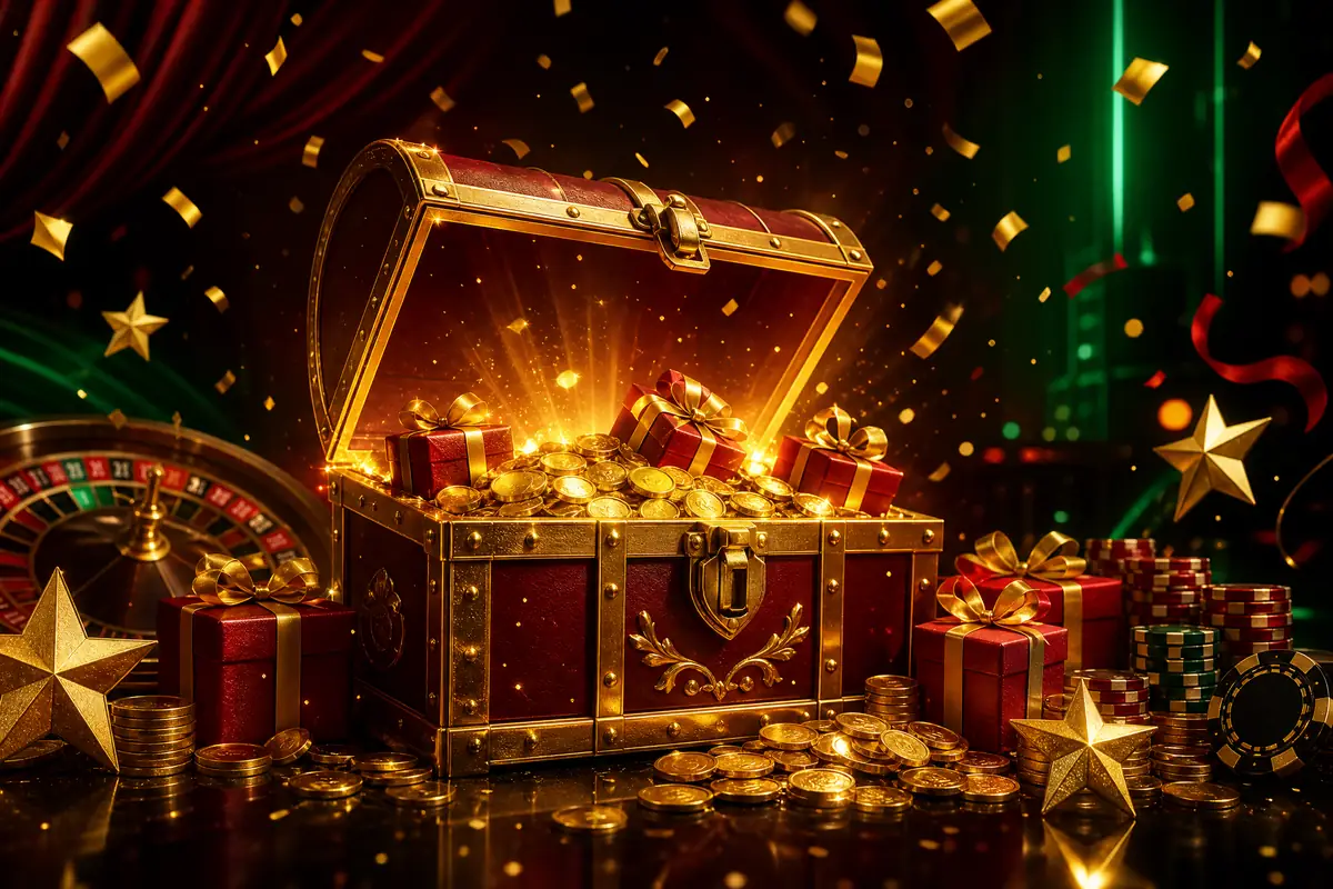 Ilustrasi peti harta karun berisi koin emas dan kotak hadiah